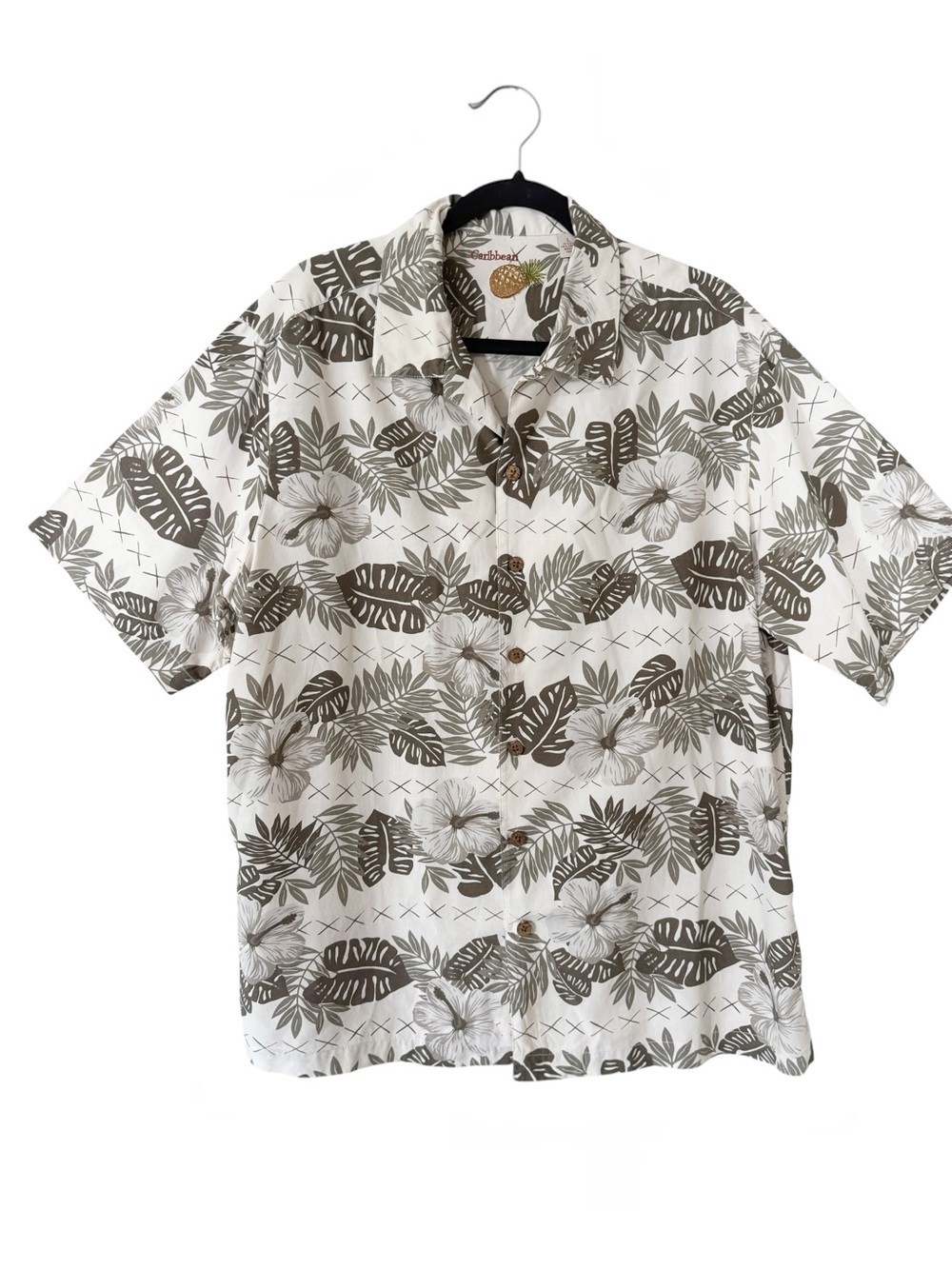 Caribbean Mens Silk Cotton Khaki Tropical Hawaiian Button Down Shirt Large